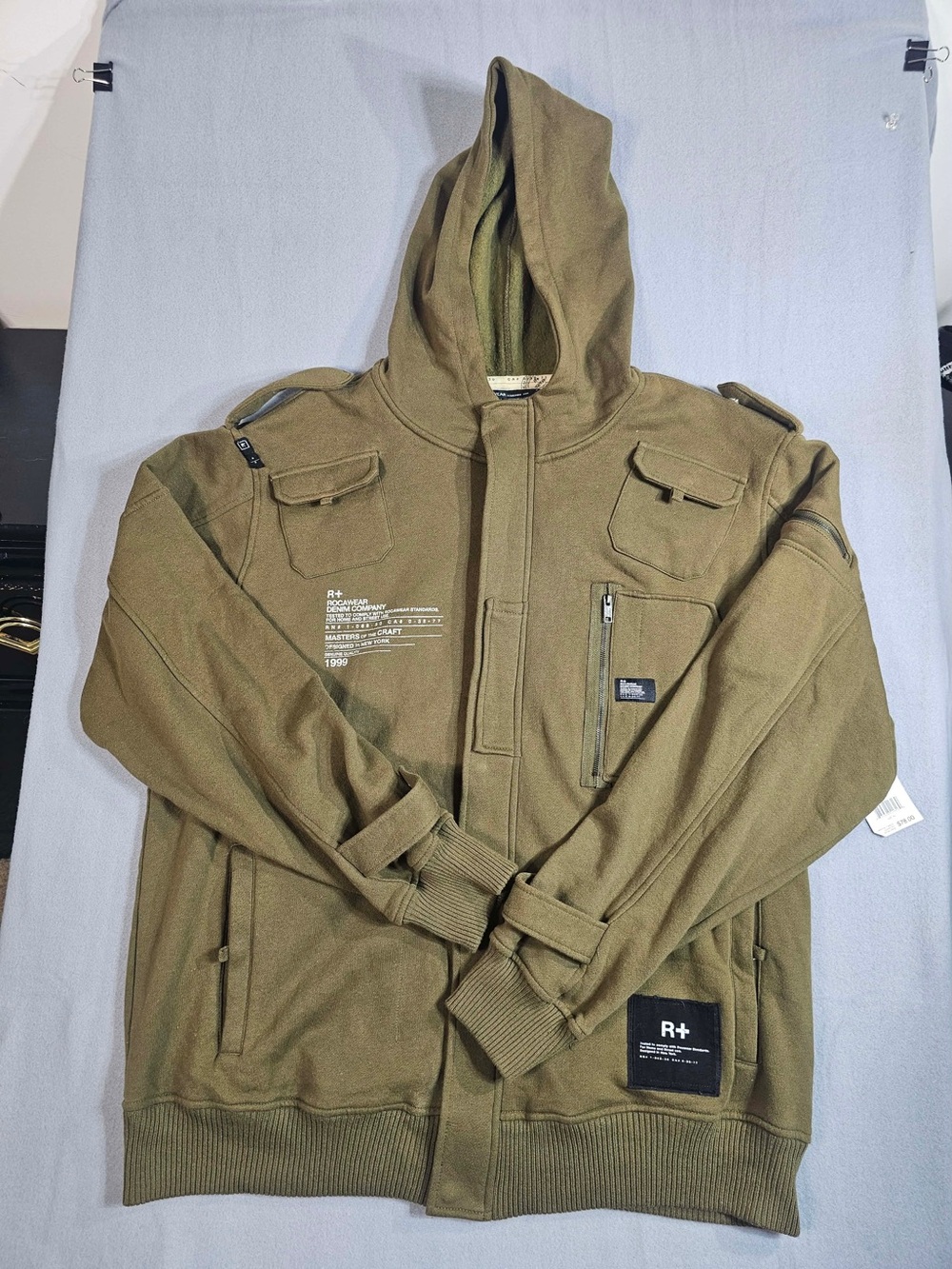 #203 Rocawear R+ Men’s XL Olive Green Utility Hooded Jacket Y2K Streetwear